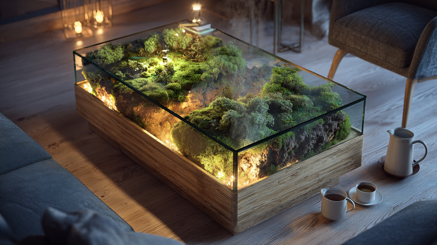 Wohnzimmer mit VermiGlow-Table: Glasplatte, darunter biolumineszierendes Moos und Kompostschicht